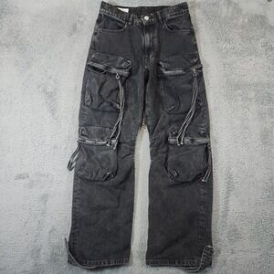 Zara Cargo Jeans Mens 30 Black Utility Tactical Wide Leg Baggy 3D Pockets Y2K